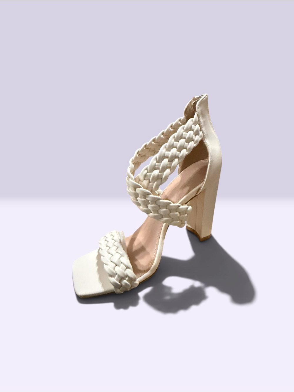 Braided Strap Block Heel Sandals - White